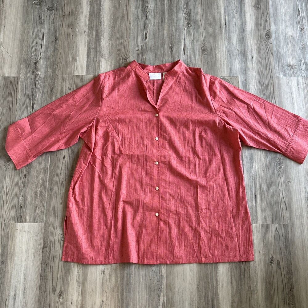 Liz Claiborne Coral And Gold Floral Button Down Blouse With 3/4 Sleeves Size 2X